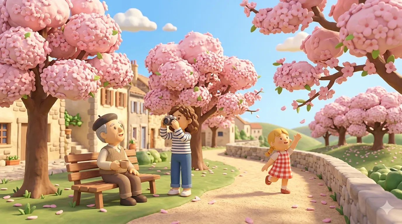 Cherry trees blooming under April sun in France