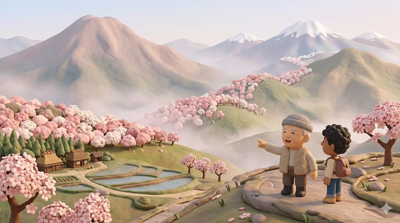 Spring haze over Tohoku mountains as sakura front moves north